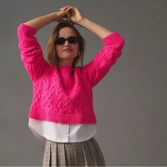 ✨Maeve Layered Cable Knit Hot Pink Sz Medium Sweater✨ - Picture 1 of 8